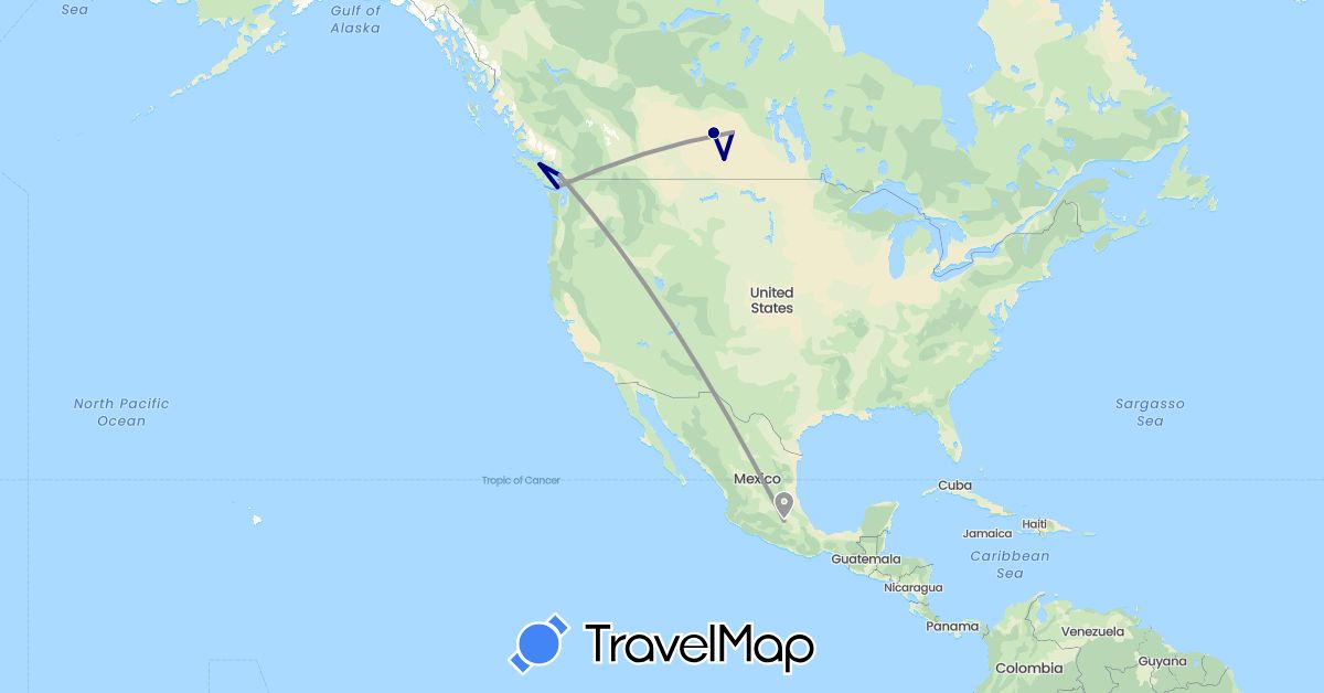 TravelMap itinerary: driving, plane in Canada, Mexico (North America)