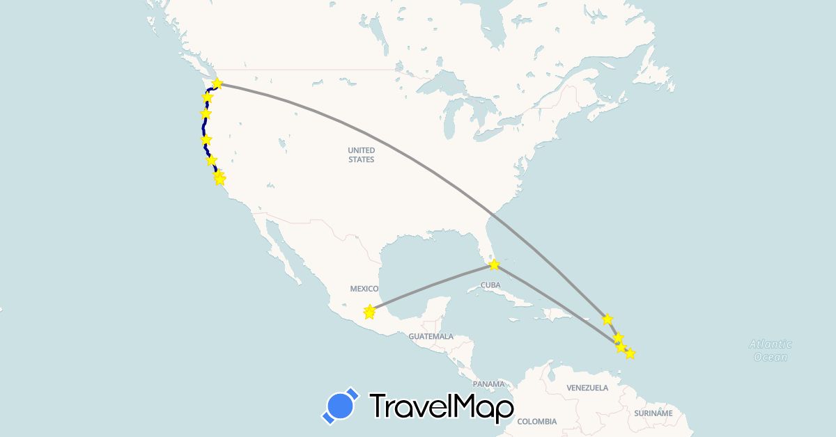 TravelMap itinerary: driving, plane, boat in Barbados, Dominica, France, Saint Lucia, Mexico, United States (Europe, North America)